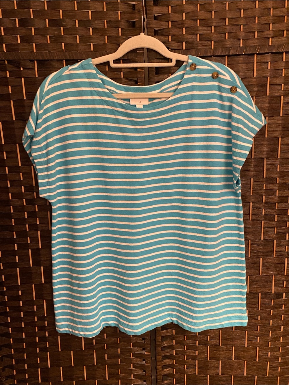 J. Jill Turquoise and White Striped Button-Shoulder Tee 100% Cotton Size XL